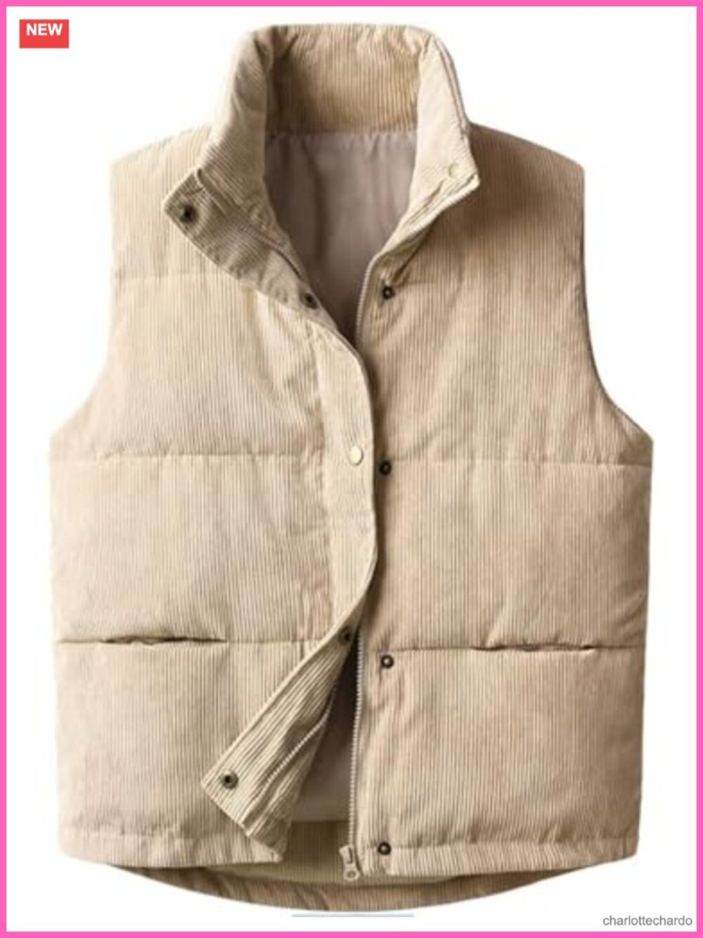 Women's Corduroy Puffer Vest Stand Collar Zip Snap Sleeveless Warm Waistcoat